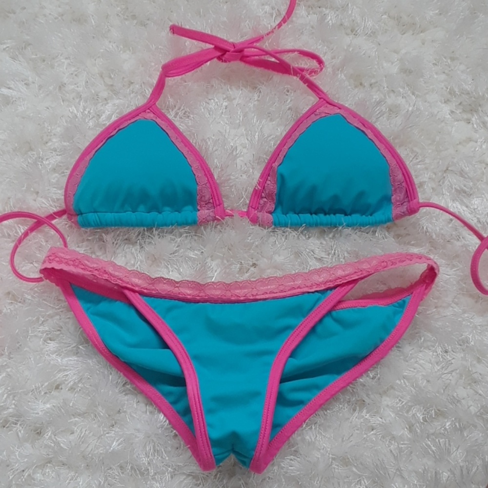 Pink and Blue lace bikini swim set Size Small